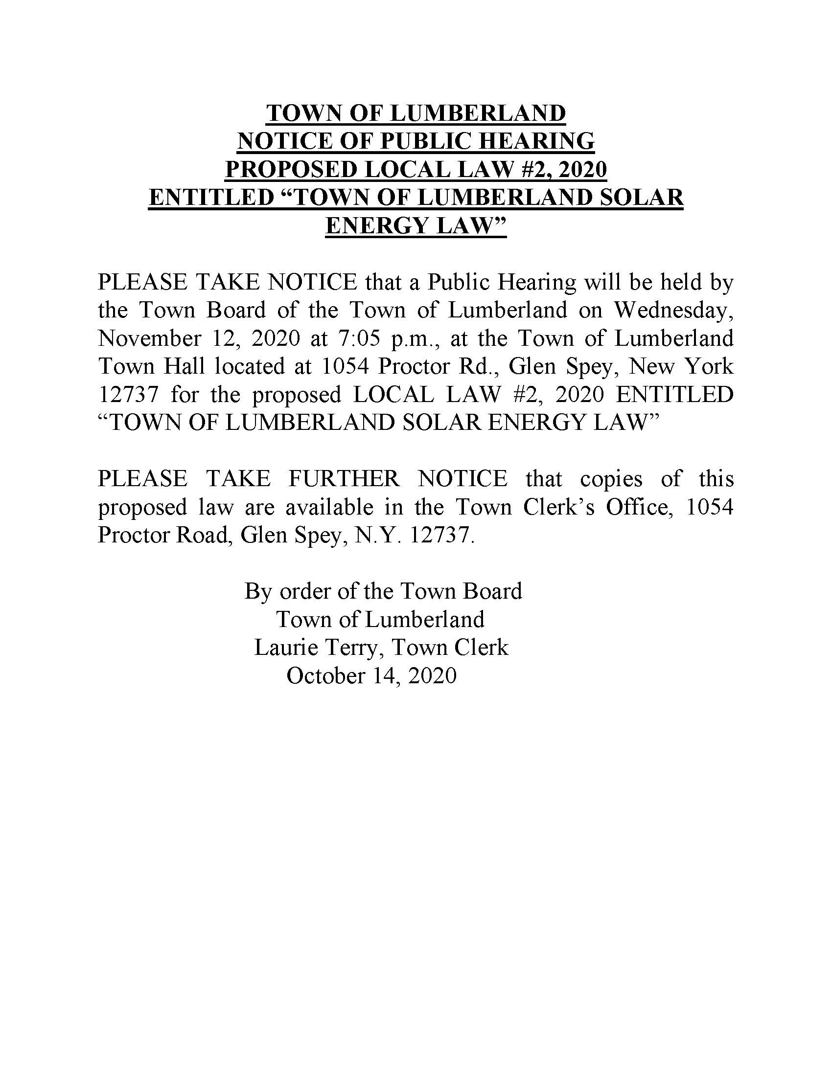 Legal Notice Public Hearing Local Law 2 of 2020